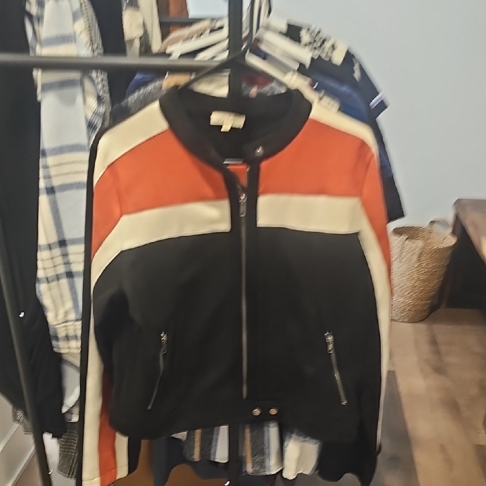 Mystree Black, Orange, and White Bomber Jacket
